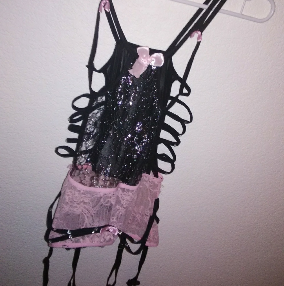 Black and pink lace garter lingerie